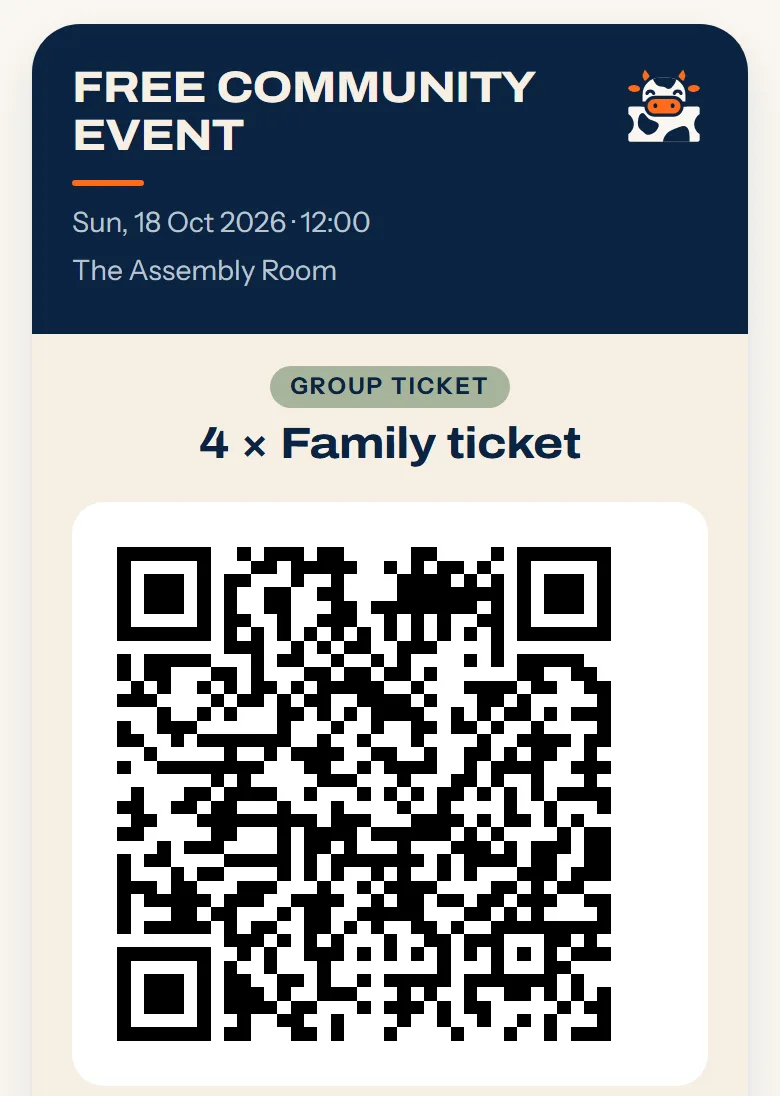 A MOO group ticket on a phone: GROUP TICKET, 4 × Family ticket, one QR code that admits up to 4 people, and its GT reference.