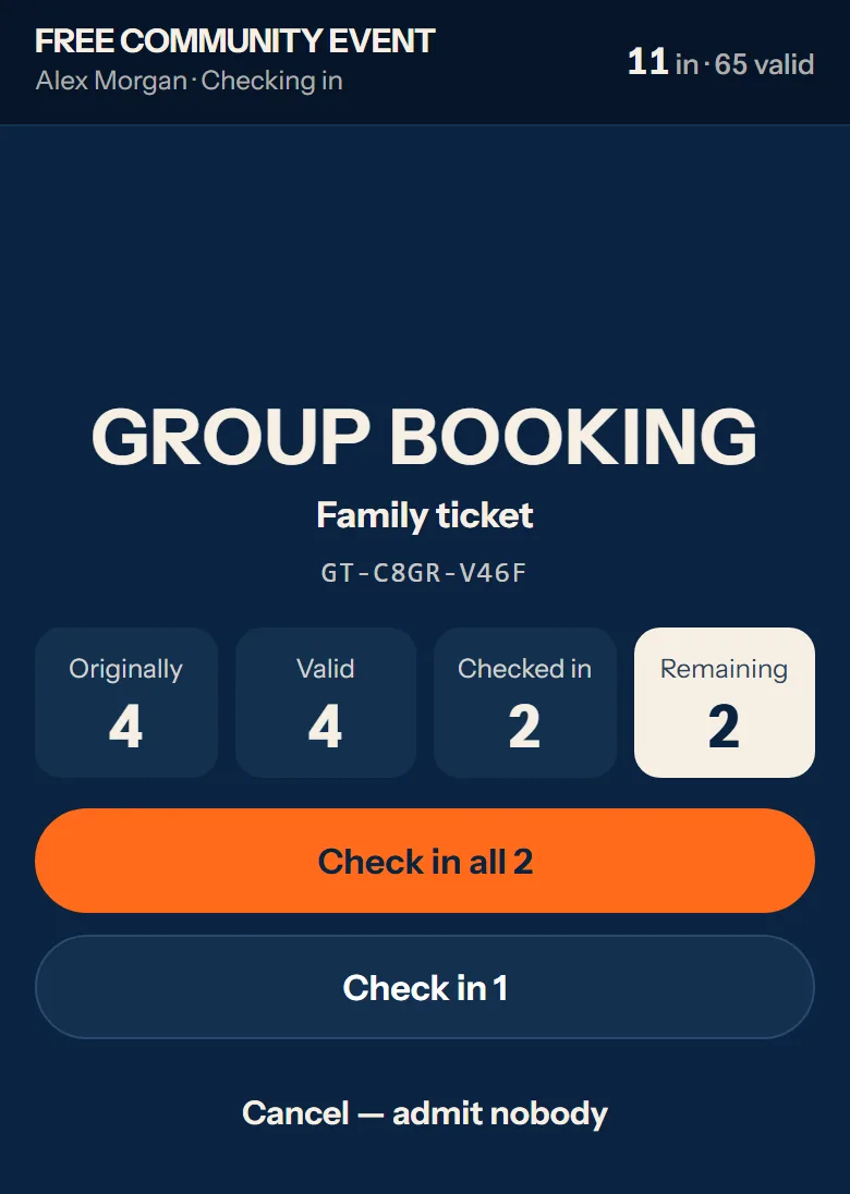 The MOO door scanner on a phone showing a group booking: originally 4, valid 4, checked in 2, remaining 2, with buttons to check in the rest.